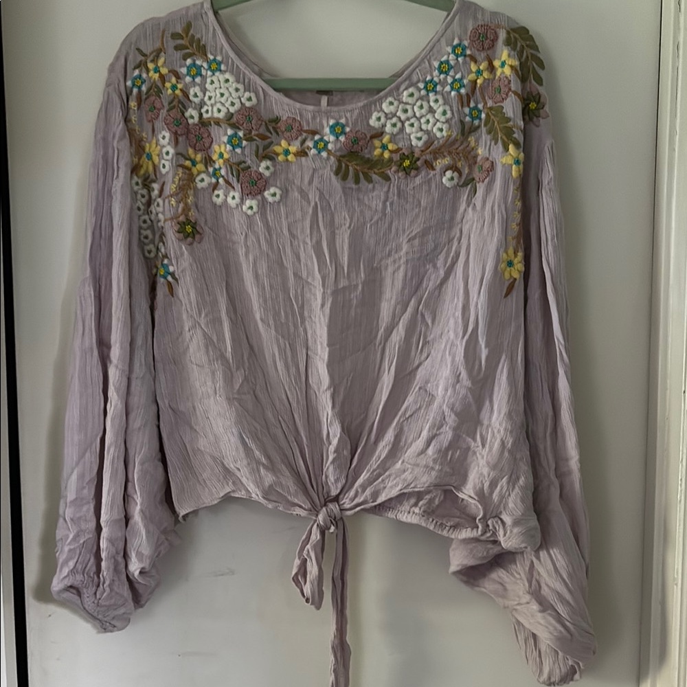 Free People Floral Embroidered Lavender Top